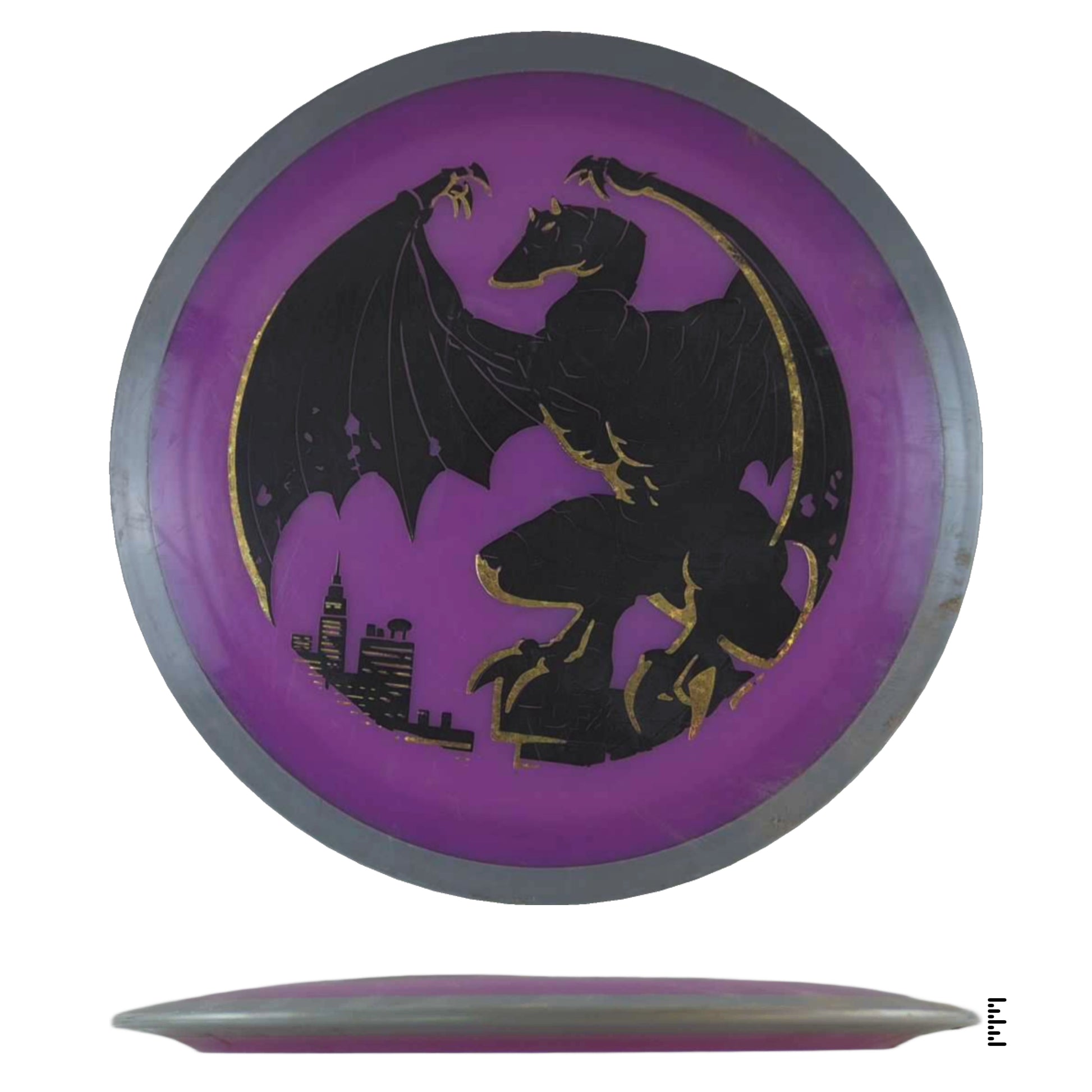 Disc golf disc with dragon graphic