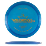 Blue disc golf disc with gold lettering.