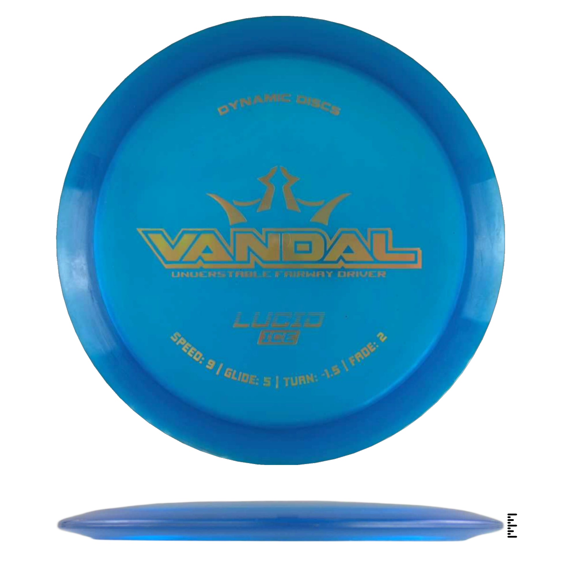Blue disc golf disc with gold lettering.