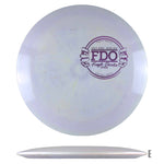 Purple disc golf disc with printed logo.
