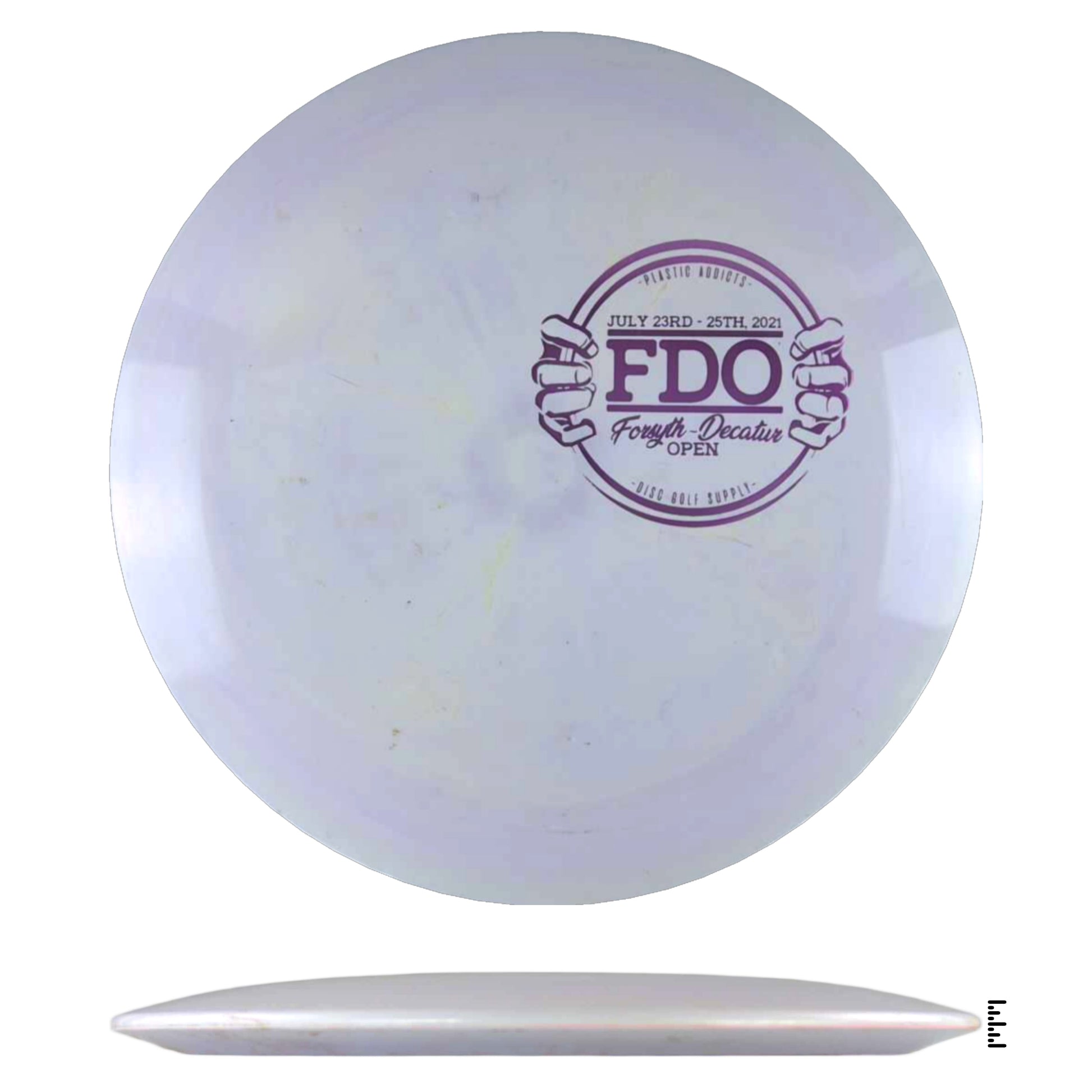 Purple disc golf disc with printed logo.