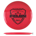 Red disc golf disc with black logo.