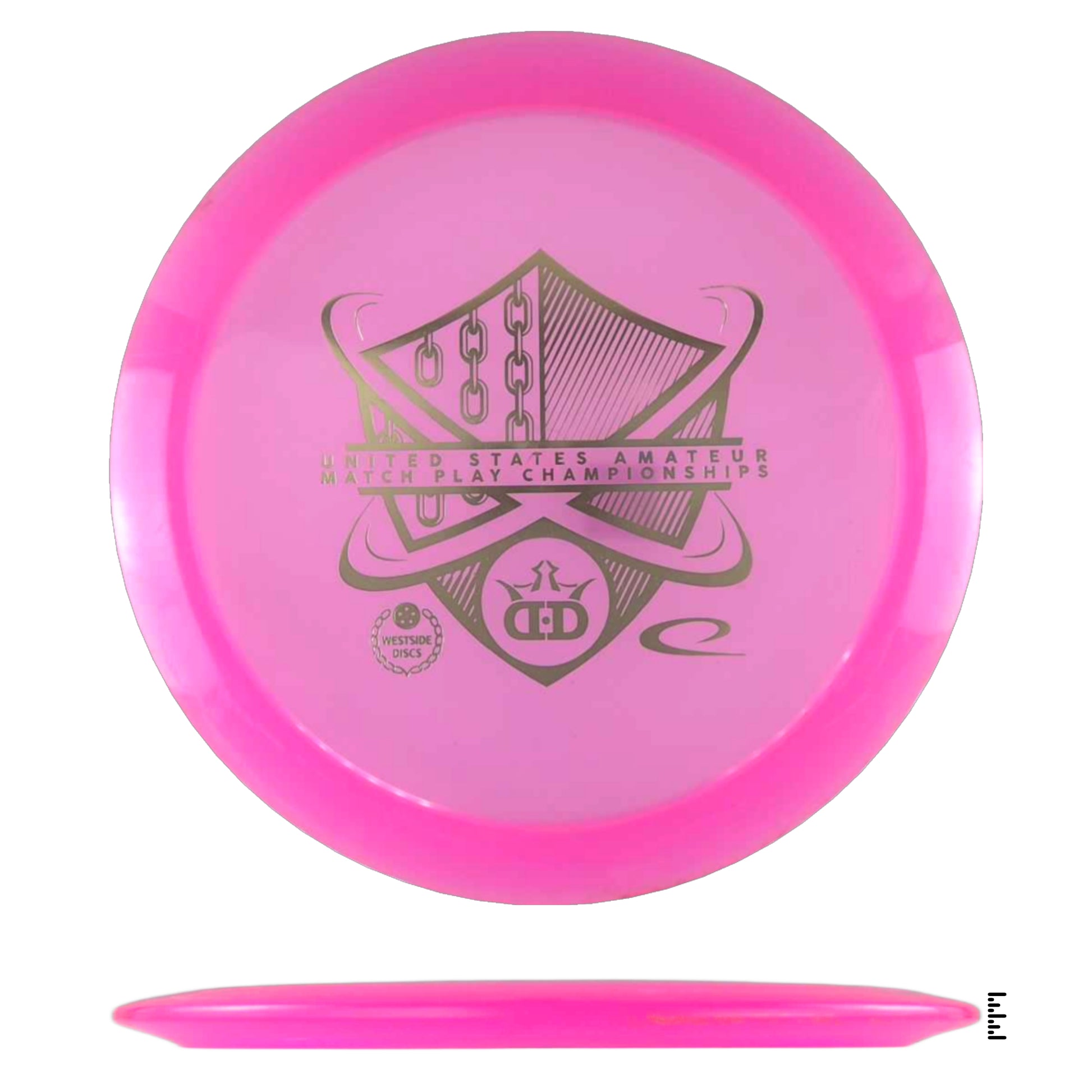 Pink disc golf disc with US Amateur Match Play Championships logo