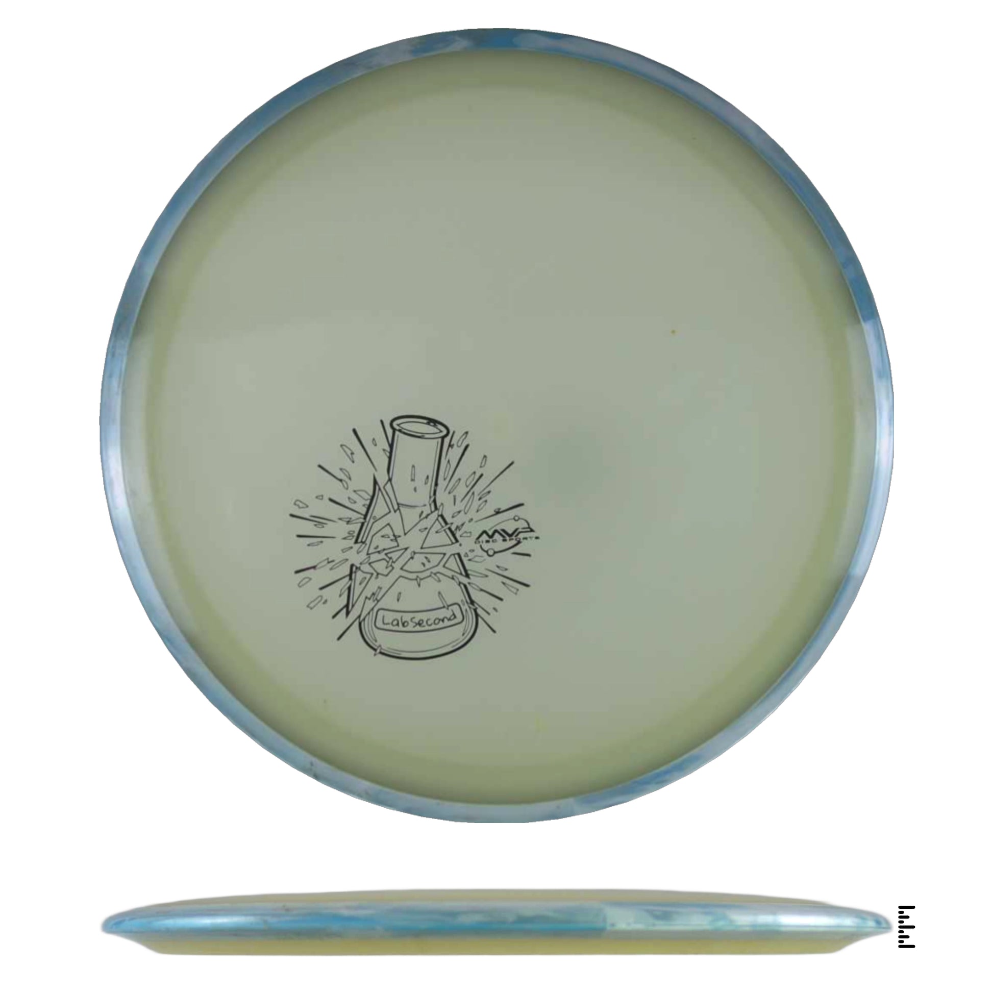 Disc golf disc with beaker graphic