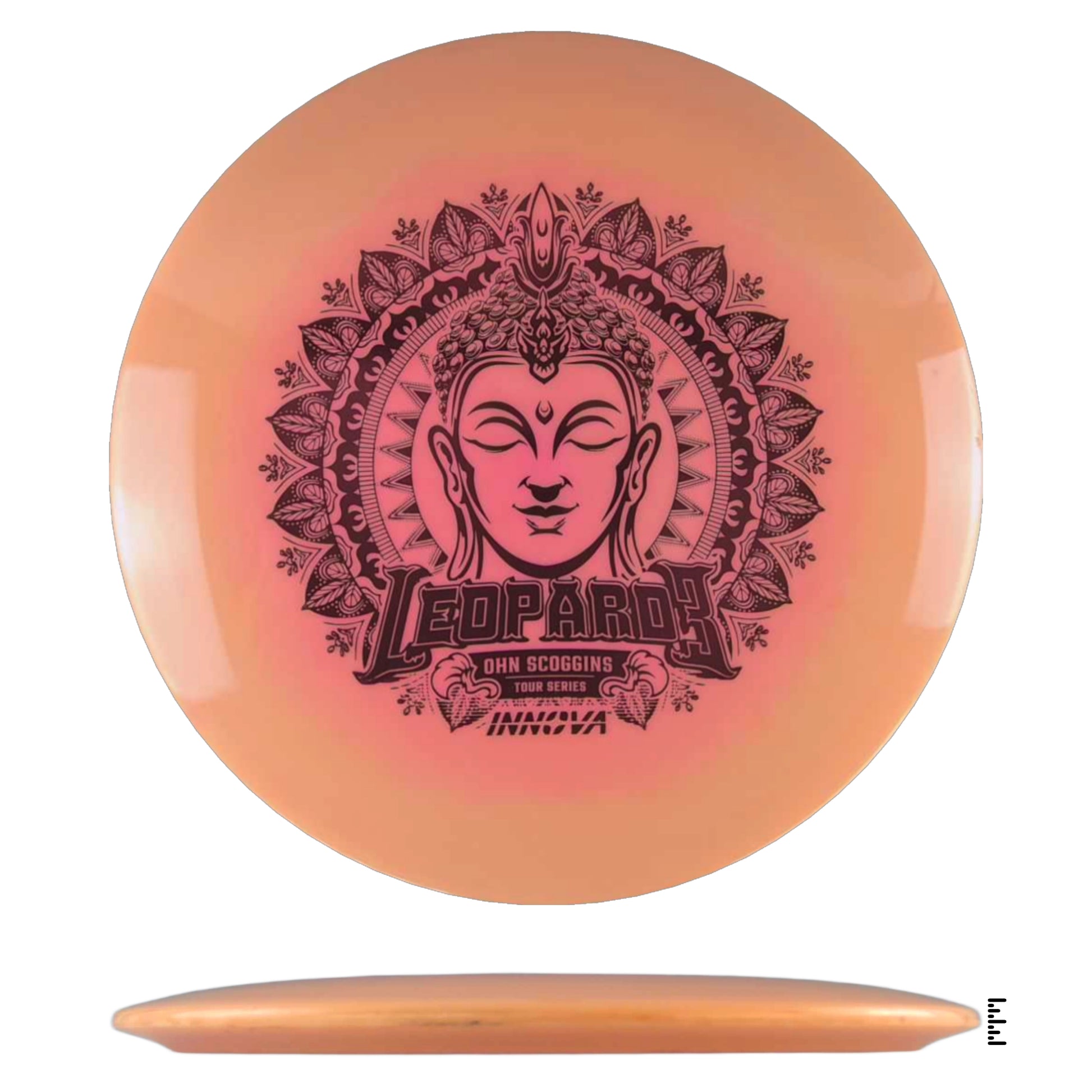 Orange disc golf disc with Buddha graphic.
