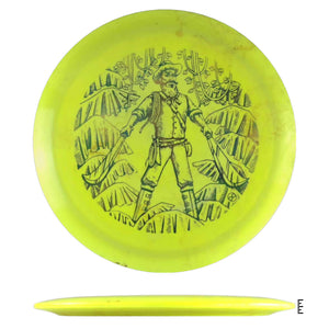 Yellow disc golf disc with hunter graphic.