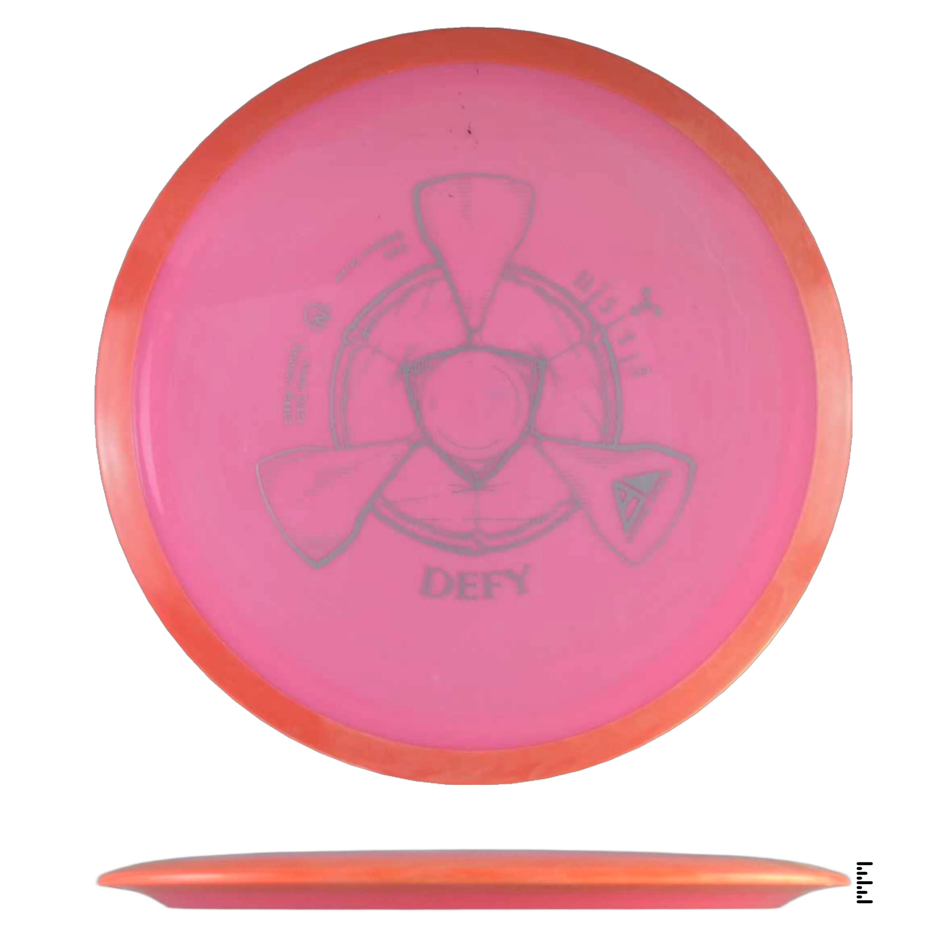 Pink and orange Defy disc golf disc