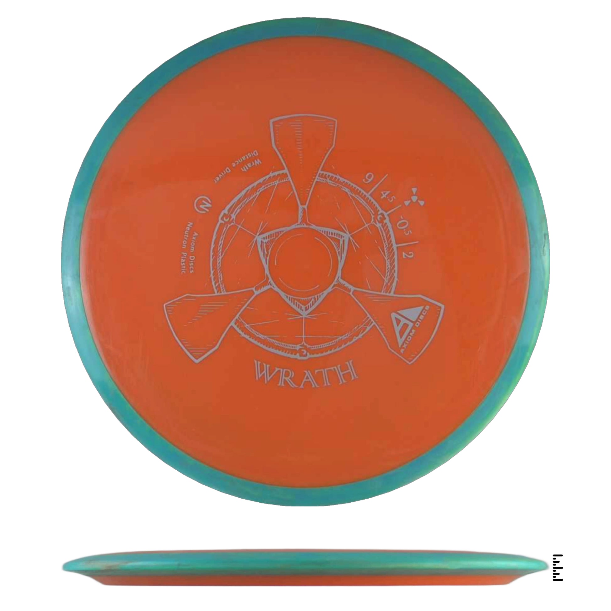 Orange and teal Wrath disc golf disc.