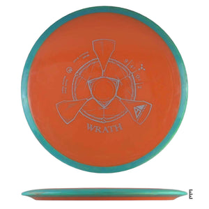 Orange and teal Wrath disc golf disc.