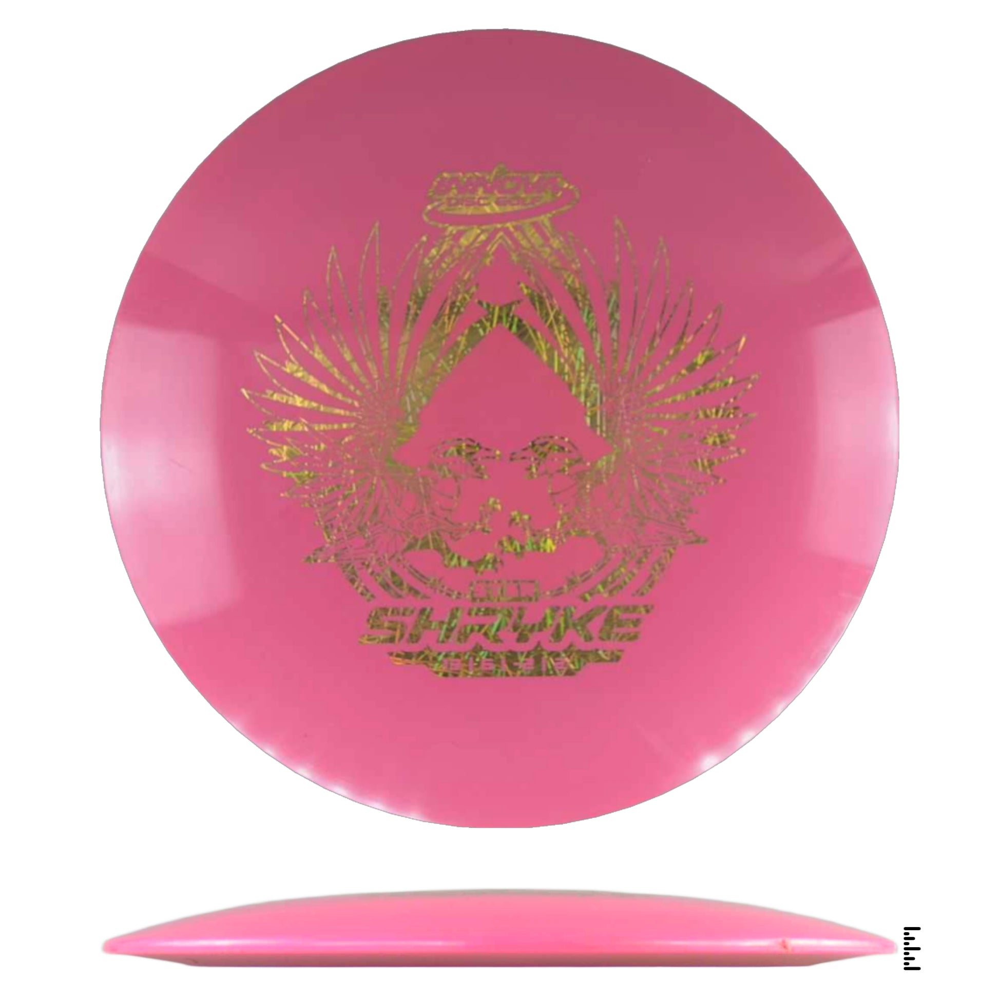 Pink disc golf disc with gold design