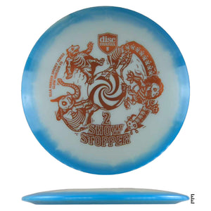 Blue and white disc golf disc with skeleton graphic.
