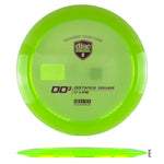 Green disc golf disc with text.