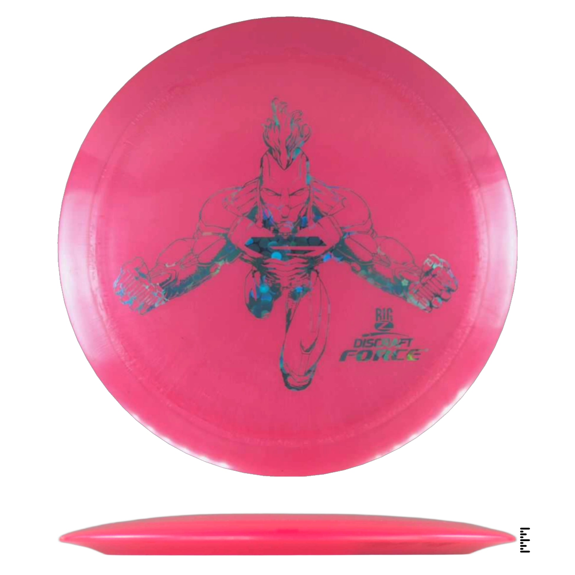 Pink disc golf disc with superhero graphic