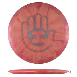 Pink disc golf disc with hand logo