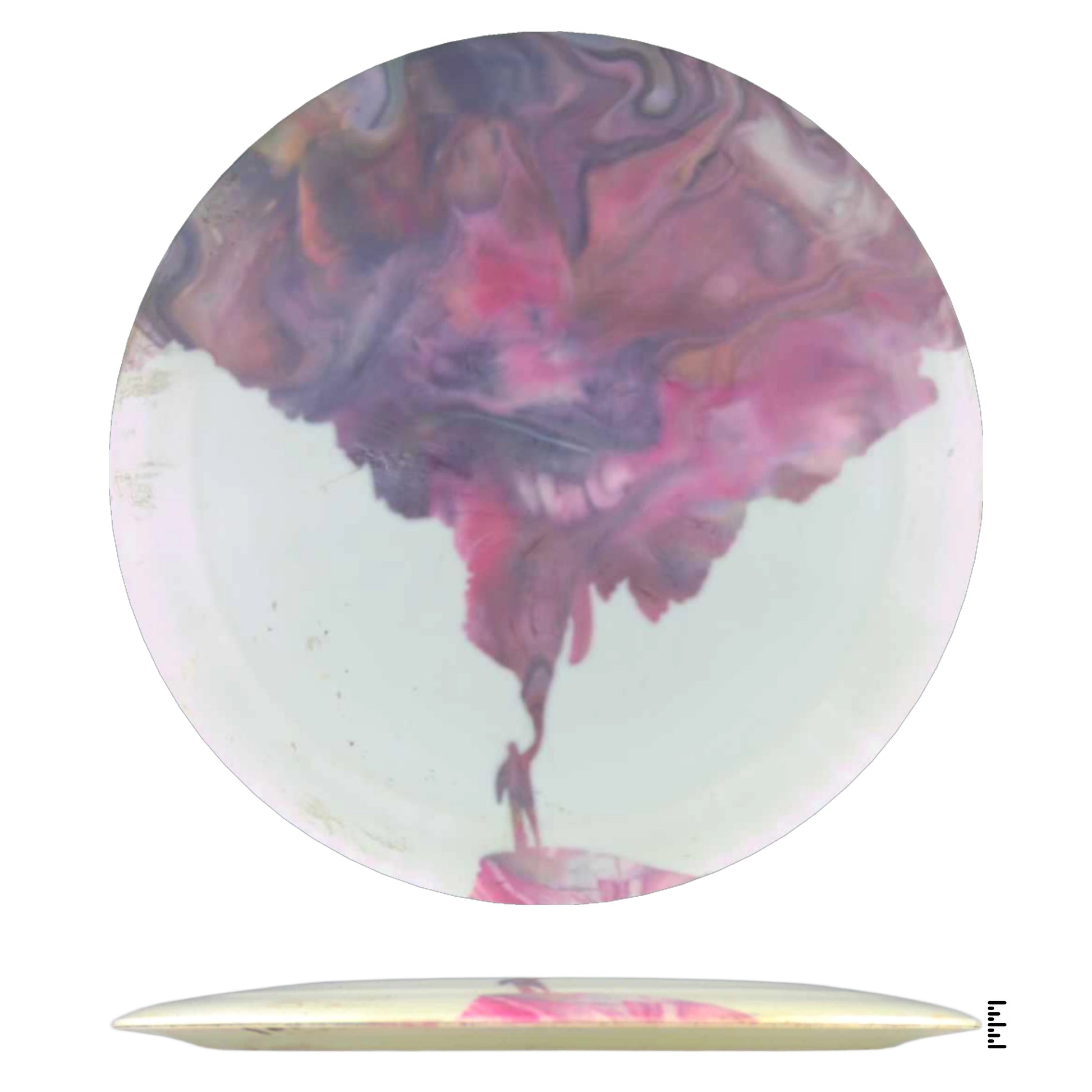 Disc golf disc with abstract artwork and silhouette