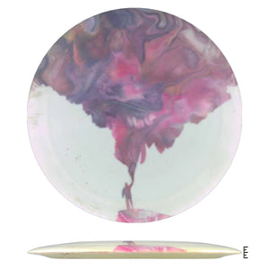 Disc golf disc with abstract artwork and silhouette