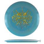 Blue disc golf disc with Dominion design