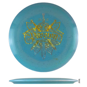 Blue disc golf disc with Dominion design