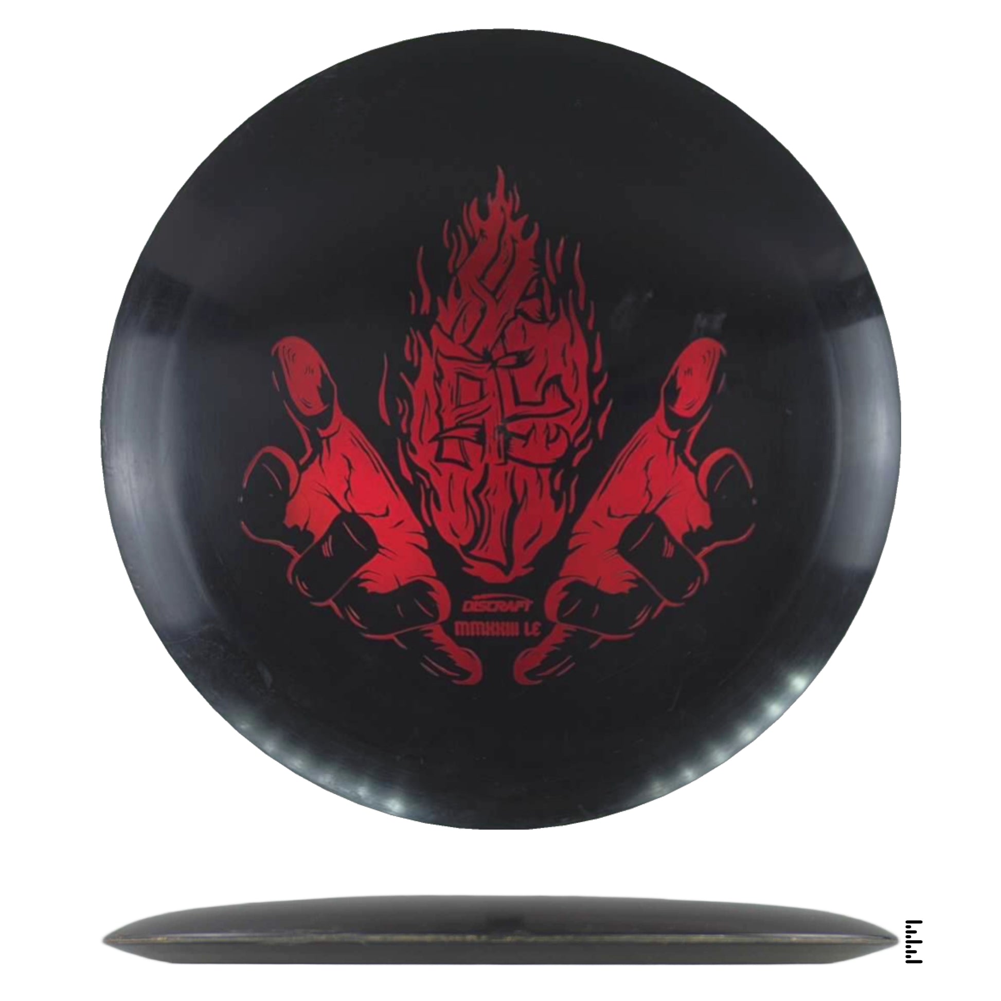 Disc golf disc with flaming hand graphic