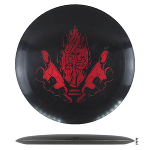 Disc golf disc with flaming hand graphic