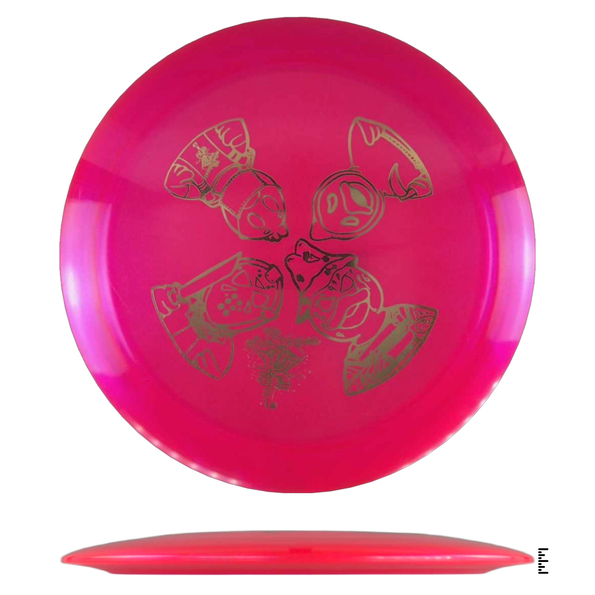 Pink disc golf disc with gold design, 3d2ef483-6ce6-4da0-8726-b5f7d95874a6