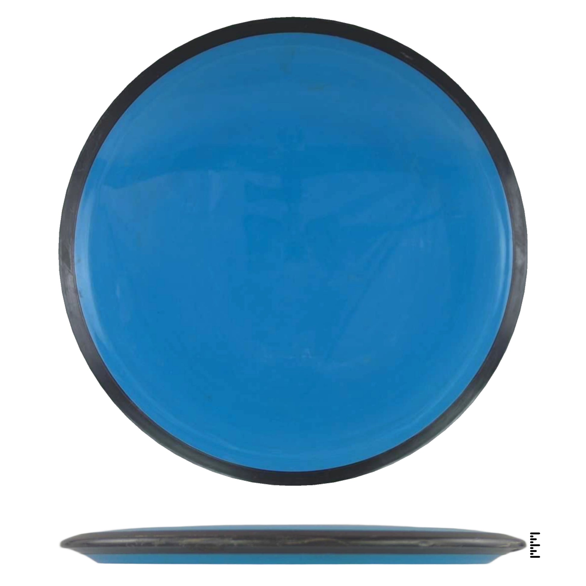 Blue disc golf disc with black rim