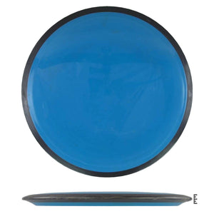 Blue disc golf disc with black rim