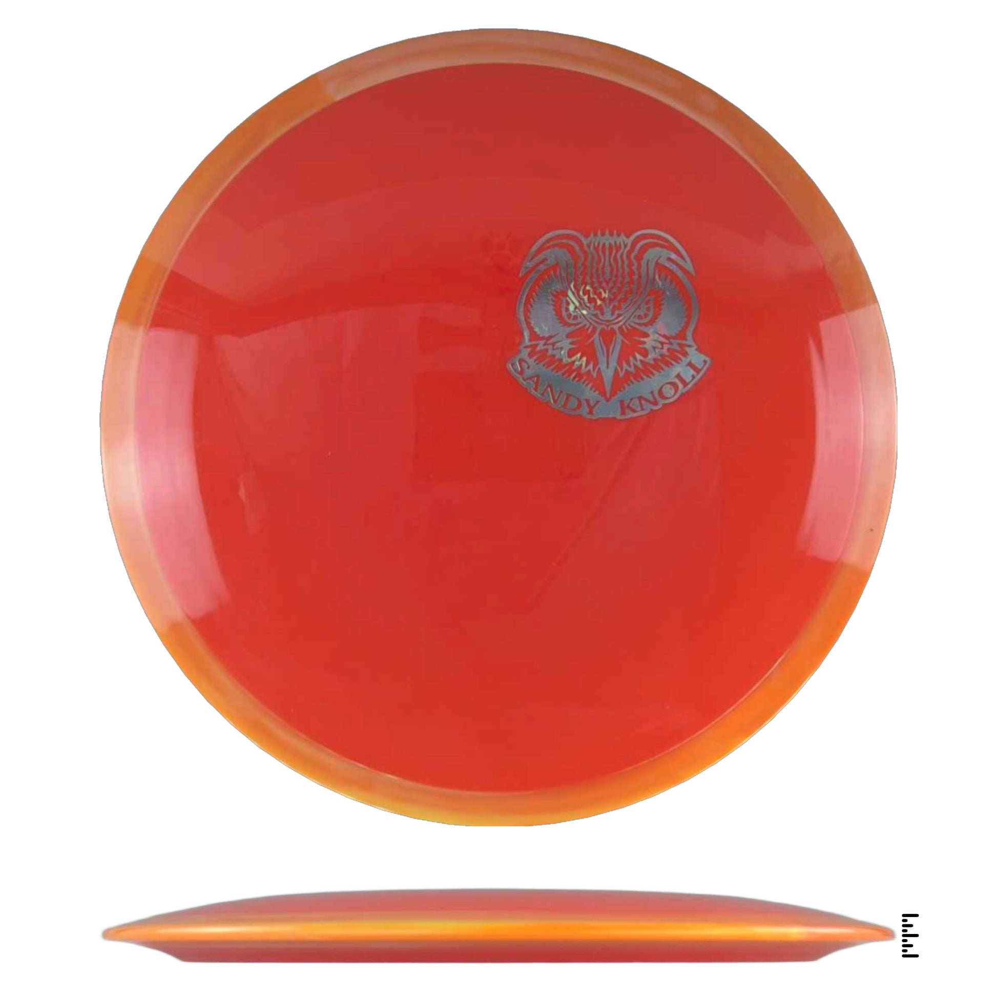 Orange disc golf disc with Sandy Knoll logo