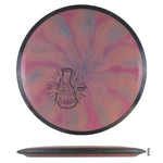 Disc golf disc with pink, blue, & orange swirls and lab graphic.