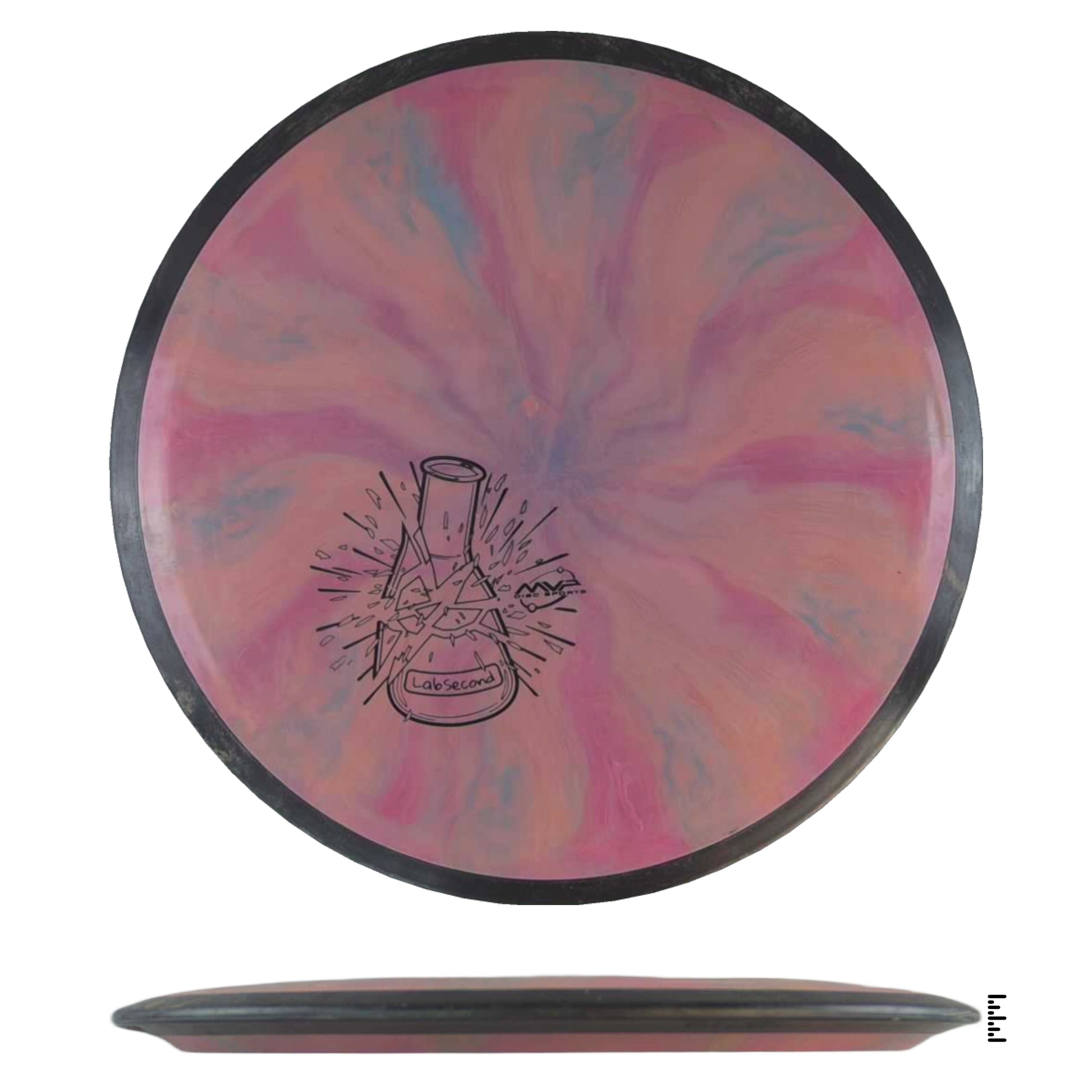 Disc golf disc with pink, blue, & orange swirls and lab graphic.
