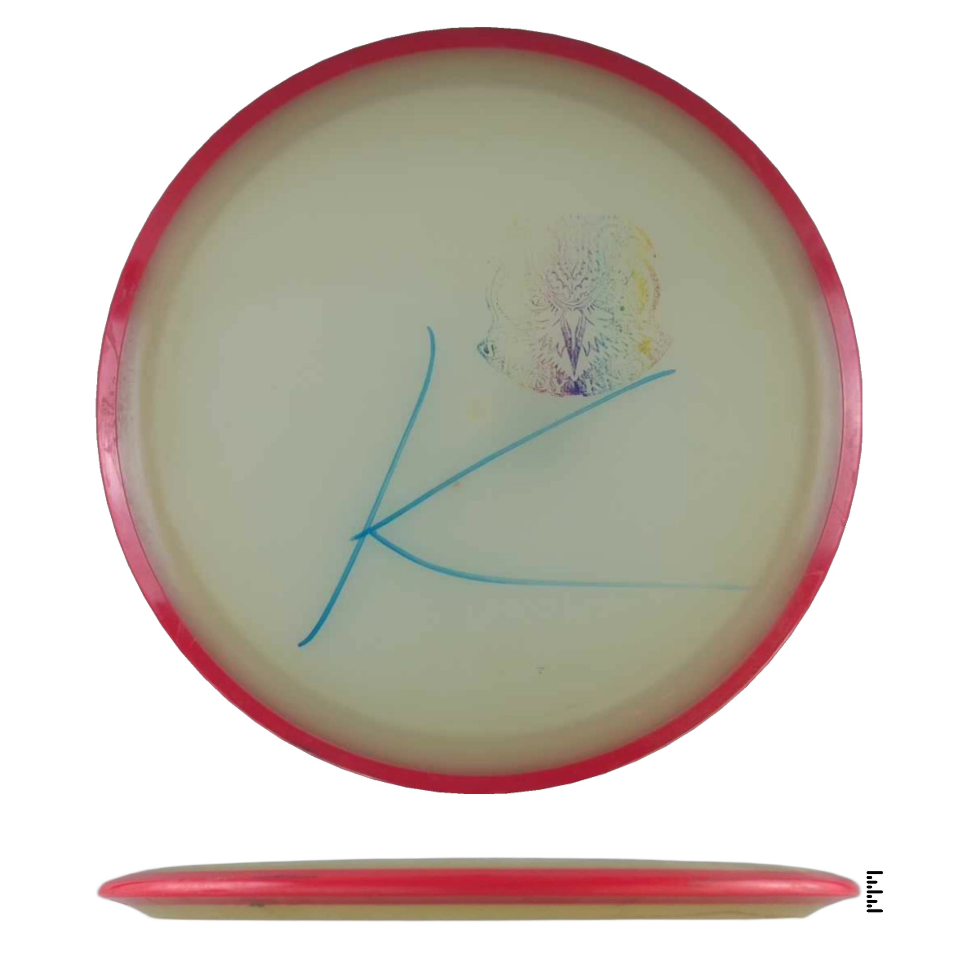 Disc golf disc with floral design and K