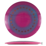 Pink and purple disc golf disc