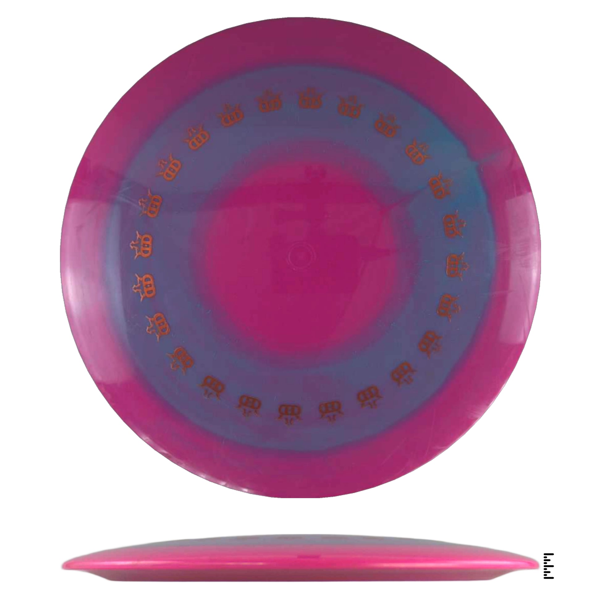 Pink and purple disc golf disc