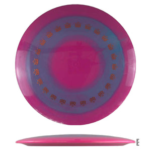 Pink and purple disc golf disc