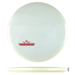 White disc golf disc with red logo.