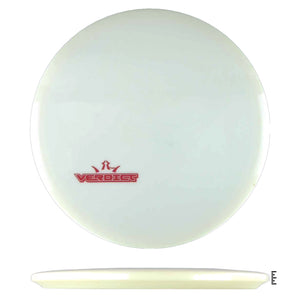 White disc golf disc with red logo.