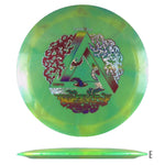 Green disc golf disc with colorful design.
