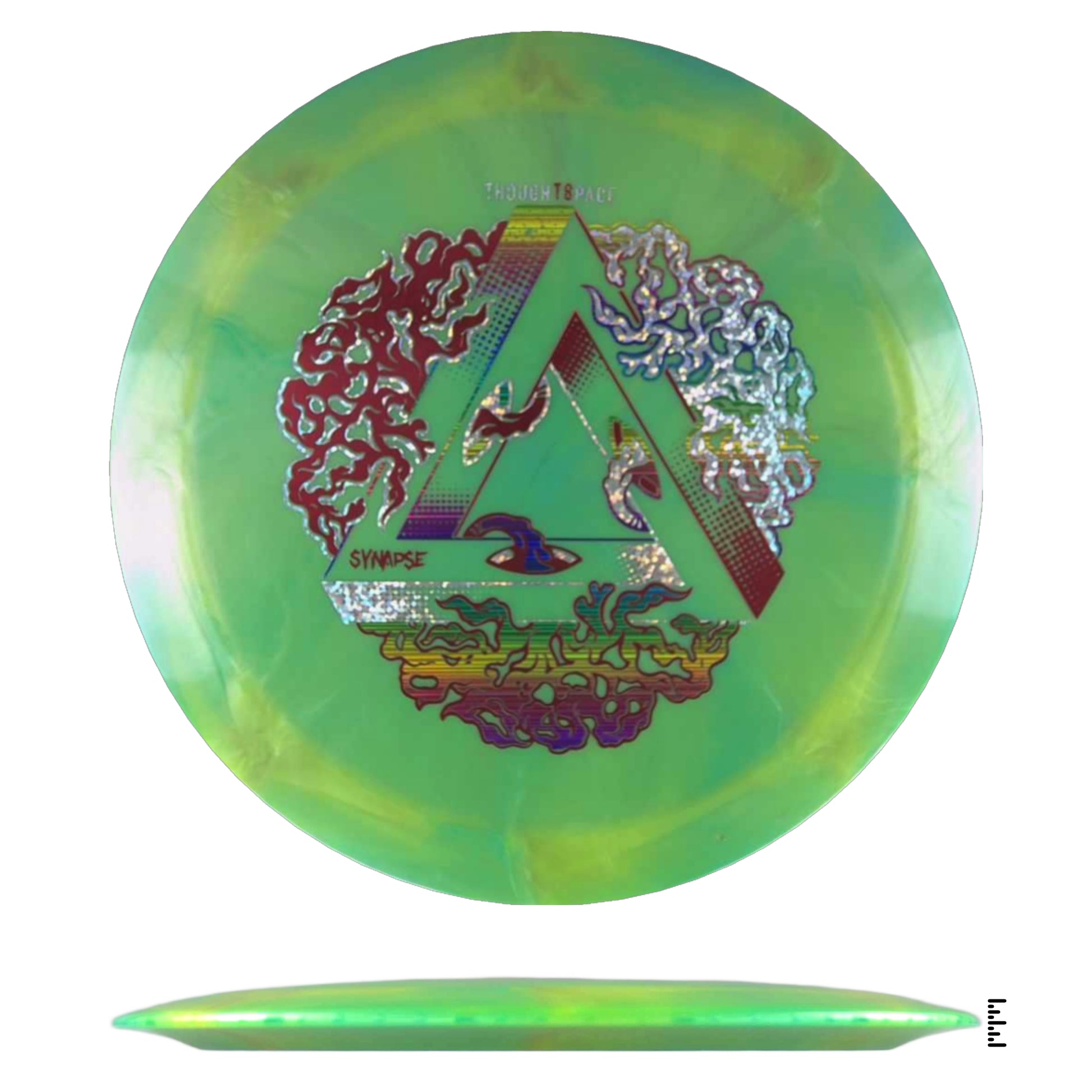 Green disc golf disc with colorful design.