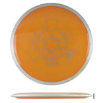 Orange disc golf disc with silver rim