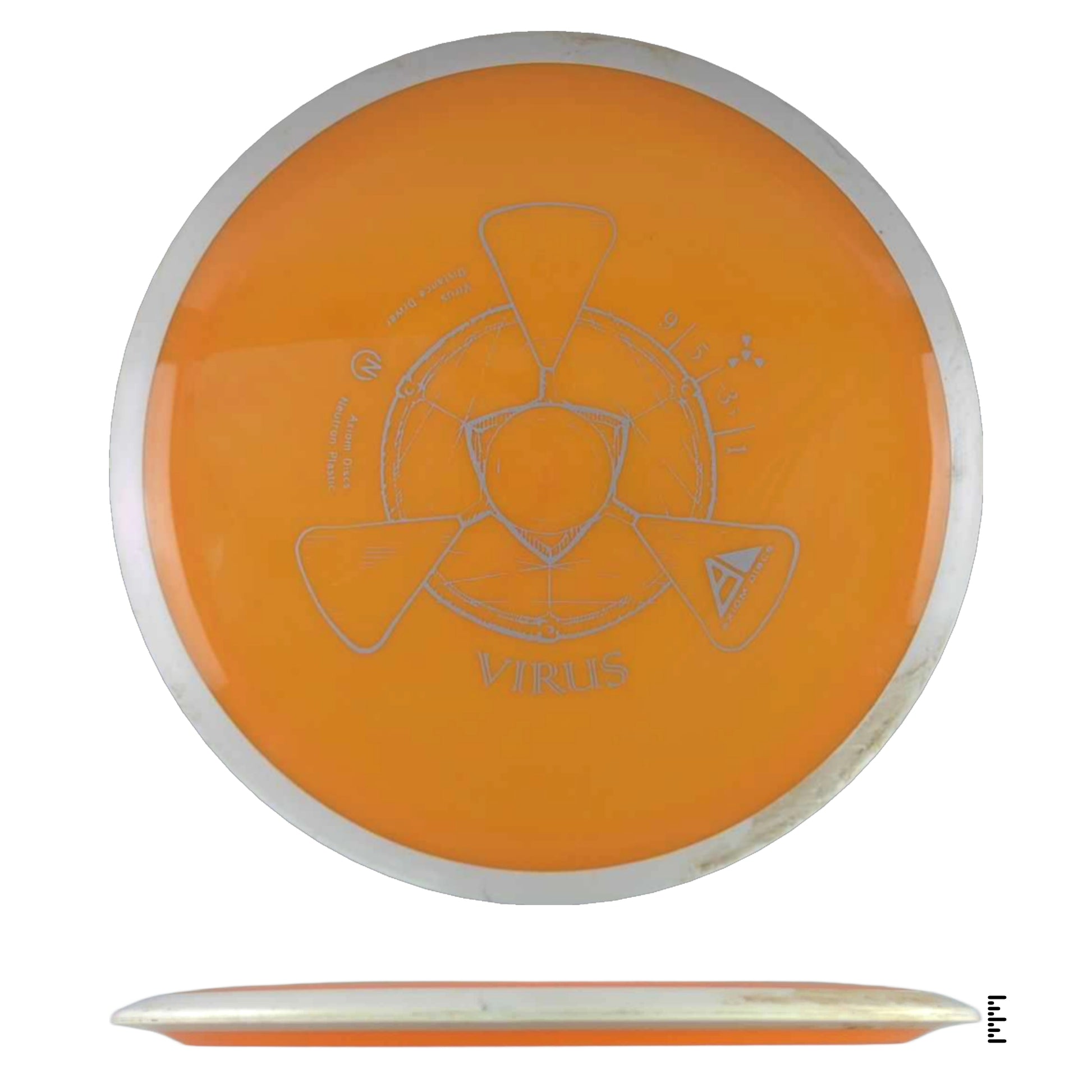 Orange disc golf disc with silver rim