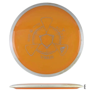 Orange disc golf disc with silver rim