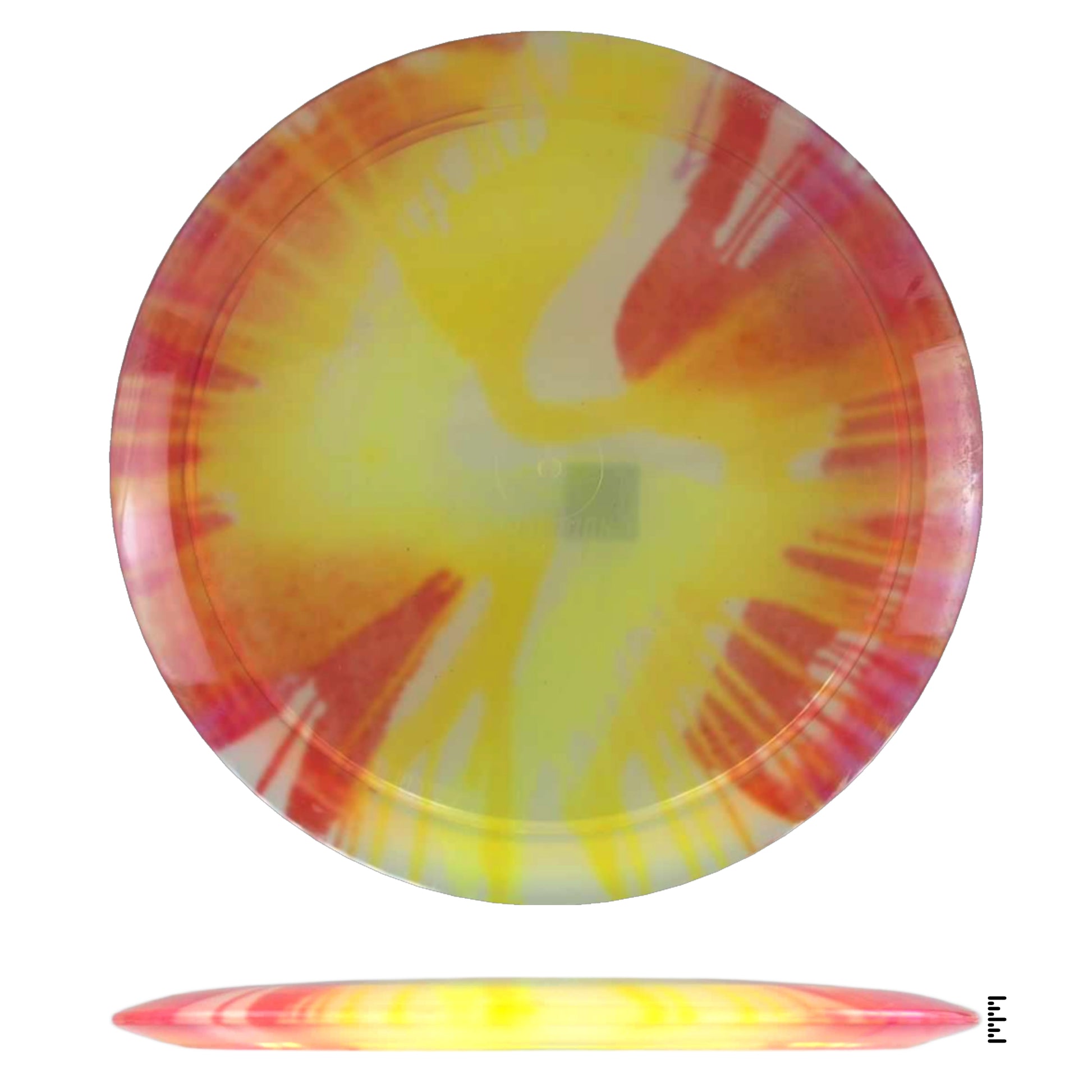 Swirled disc golf disc (a609e738-ea9f) - Yellow, orange, and pink colors.