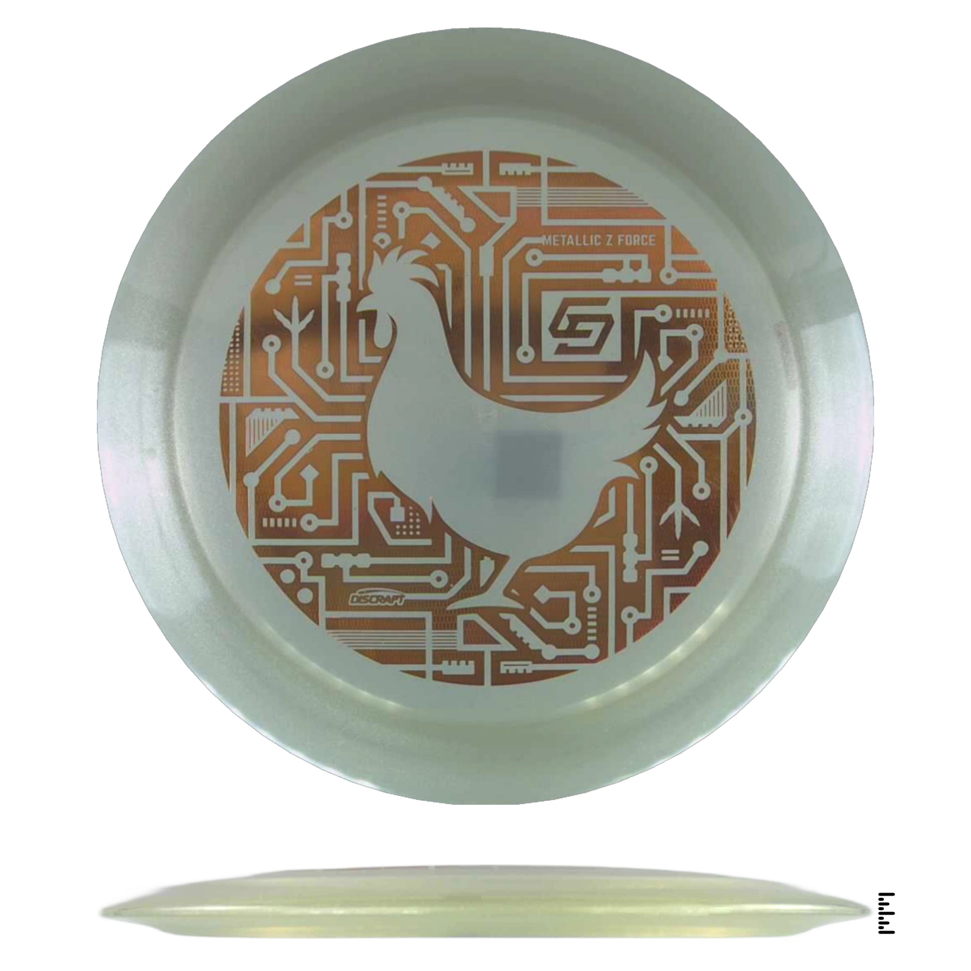 Disc golf disc with circuit board hen design.