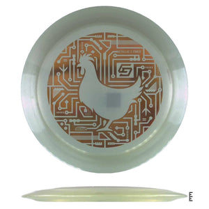 Disc golf disc with circuit board hen design.