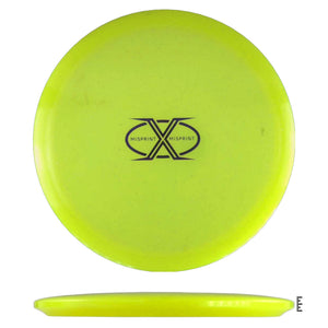Yellow Misprint X disc golf disc
