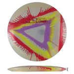 Disc golf disc with colorful paint splatter design