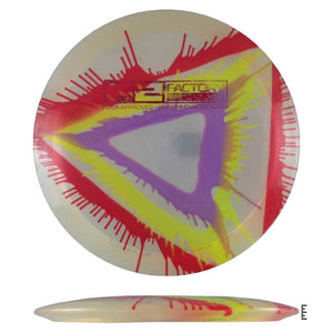 Disc golf disc with colorful paint splatter design