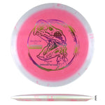Pink disc golf disc with dinosaur graphic