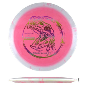 Pink disc golf disc with dinosaur graphic