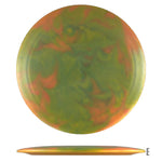 Green, orange, and yellow disc golf disc